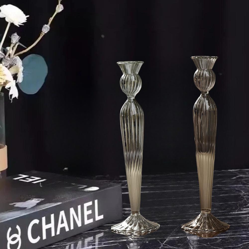 Creative Stripe French Glass Candlestick Candlelight Dinner Candle Stand Desktop Decoration Wedding Party Home Office Decor