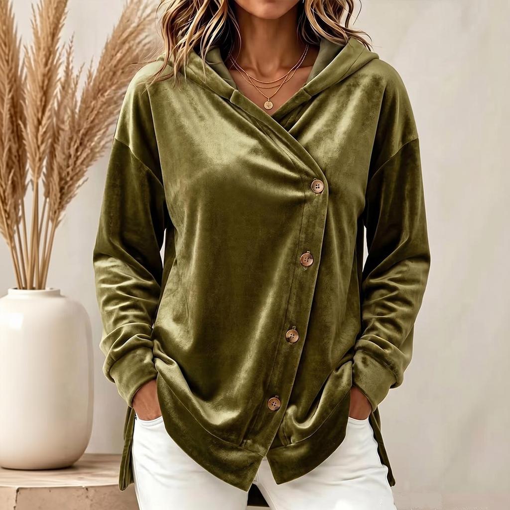 Cardigan con Cappuccio in Velluto Colorato Casual da Donna con Bottoni Asimmetrici sul Davanti Manica Lunga Cappotto Autunno Inverno