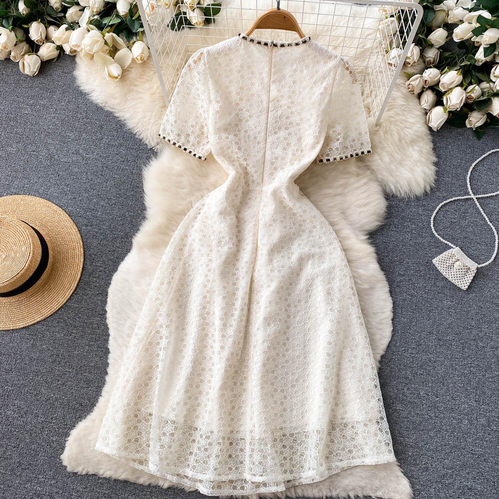 Summer Elegant Women Lace Embroidery Sweet Party Dress European Style Hollow Out Long Midi Dresses