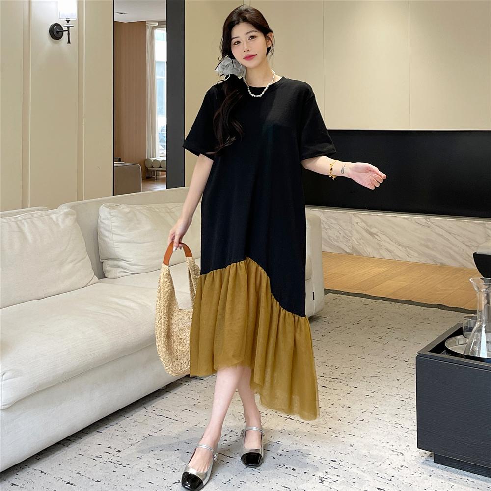 Dimanaf 2025 Summer Plus Size Dress Women Casual Vintage Spliced Dress Basic Loose Long Short Sleeve Dress Cotton