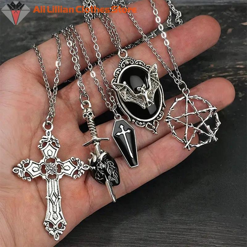 Hot Sale 5Pcs Gothic Necklace Set For Women Jewelry Heart Bat Spider Cross Pendant Sweater Chain Trendy Daily Accessories Gift