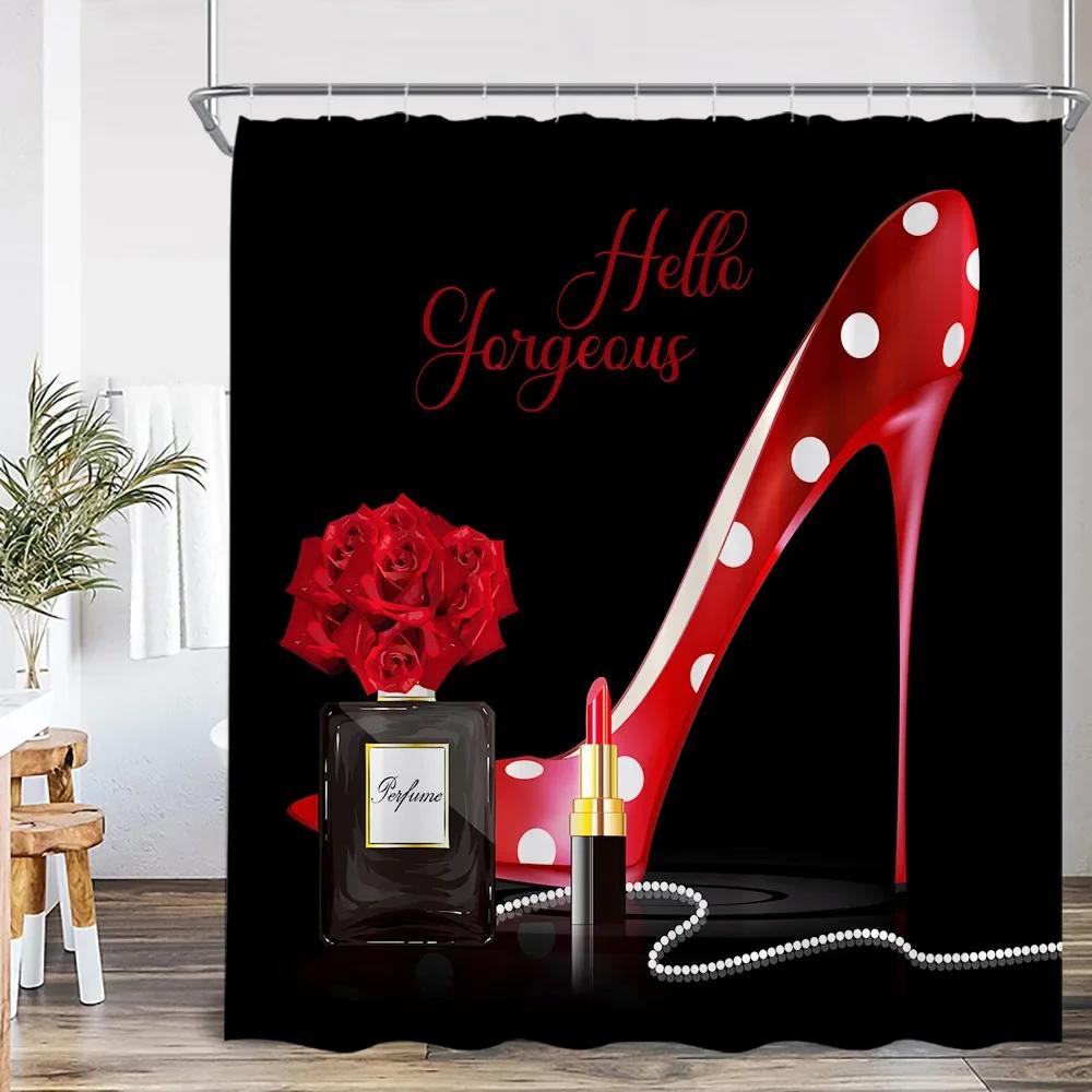 

Розовая парфюмерная бутылка занавеска для душа розовый цветок косметический узор украшение для ванной комнаты современная модная занавеска для душа с крючком 90x180cm-35x70in