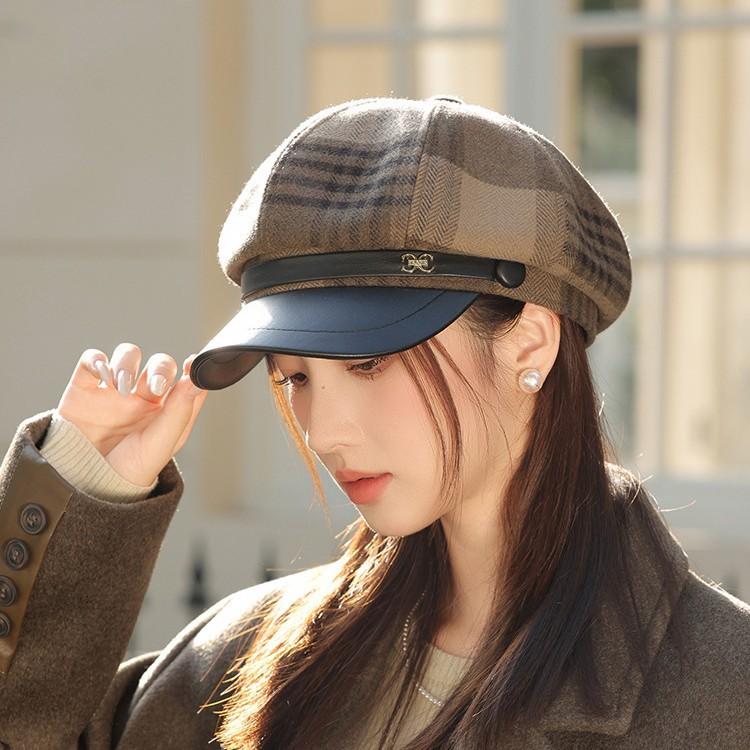 New Plaid Duck Tongue Octagonal Hat Female Beret Autumn and Winter Newsboy Painter Hat