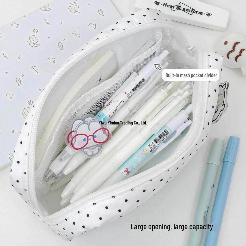 Mint Polka Dot Kitten Ita Bag Pencil Case - Cute, Large Capacity Stationery Storage for Students