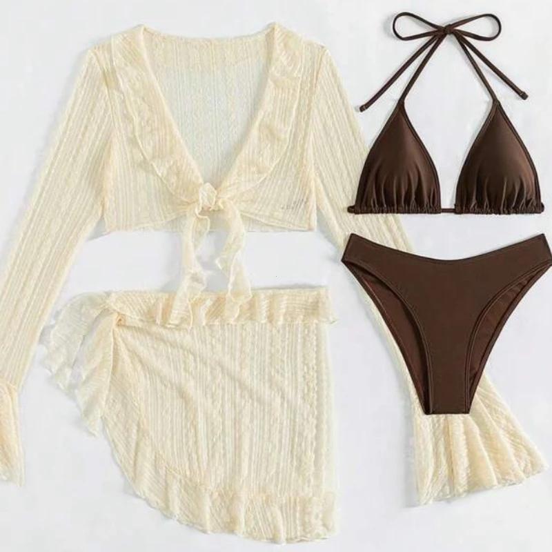 2025 Women Swimsuit Long-sleeve Cover-up Swimwear Sexy Four-piece Summer Solid Bikini Set Brazilian Beachwear Party Bathing Suit