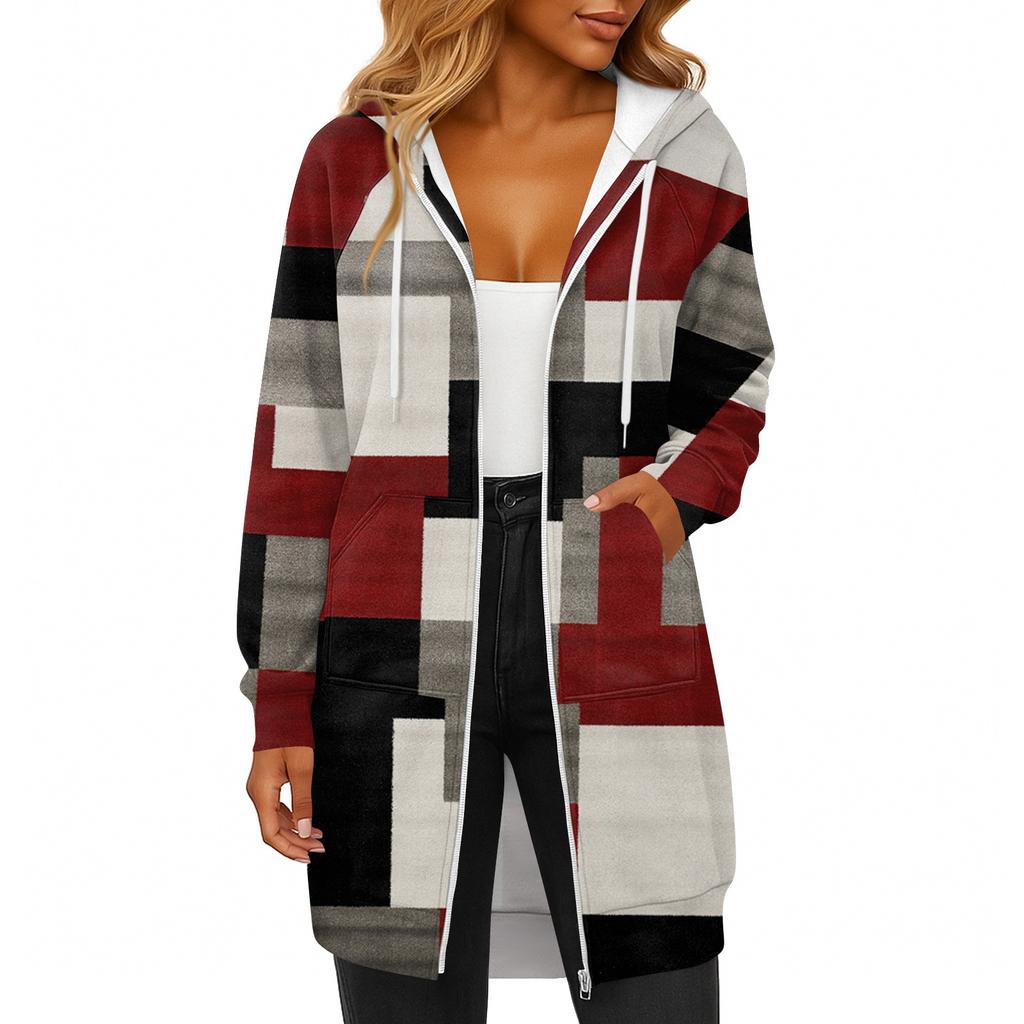 Women's Fashionable Printed  Long Sleeved Drawstring Hooded Zipper Pocket Long Casual Sweatshirt Jacket