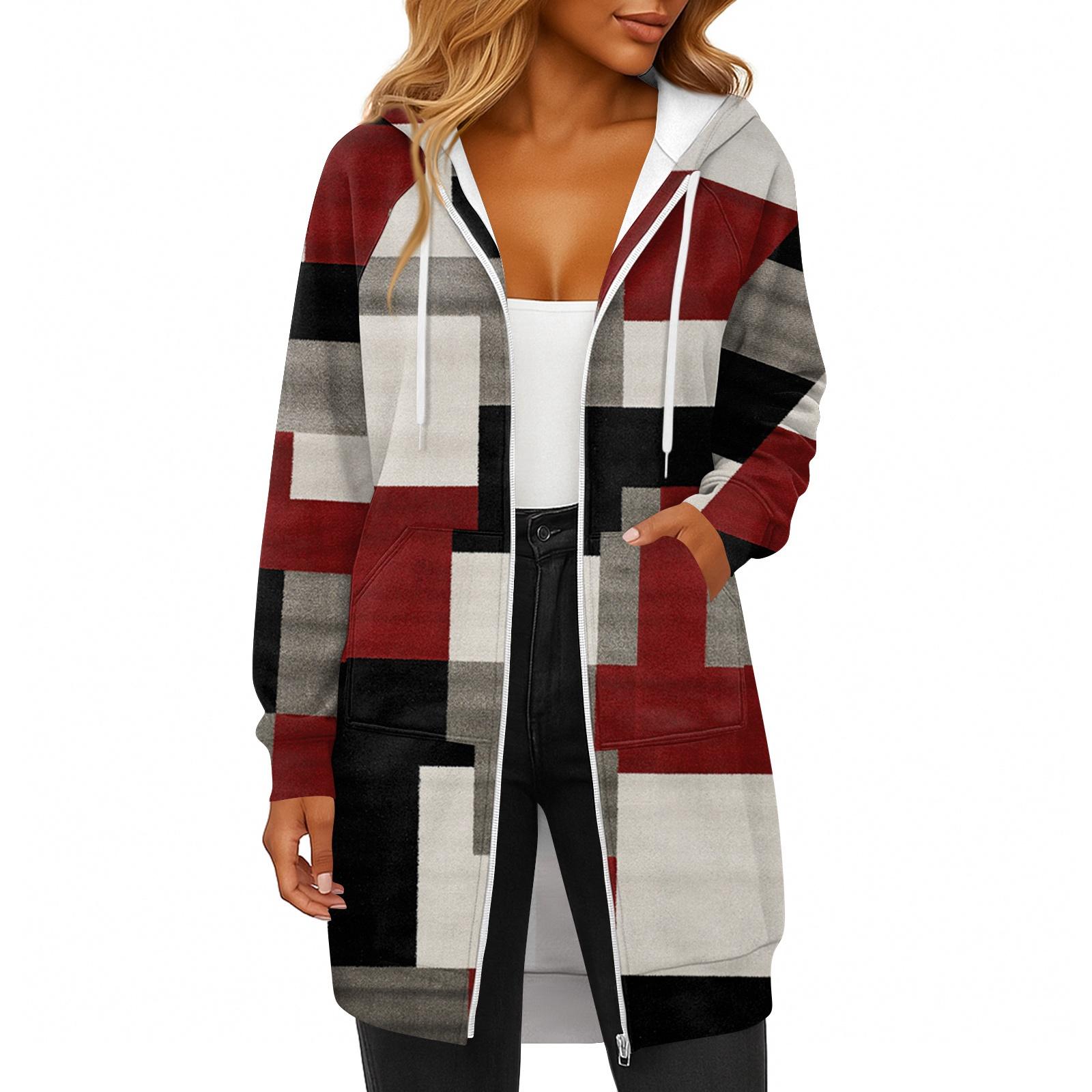 

Женская модная толстовка с длинными рукавами, принтом, капюшоном на кулиске, карманом на молнии, длинная, повседневная S винный