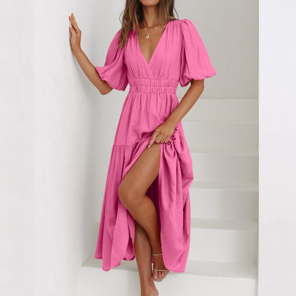 Women's Fashion Color Short Sleeve Cotton Linen Patchwork Pleat Dress