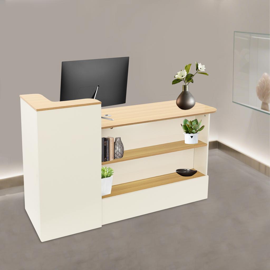 150*50*100cm Rectangle Solid Wood Reception Desk,Warm White+Log Color Reception Desk with a Lockable Drawer for Offices,Shops