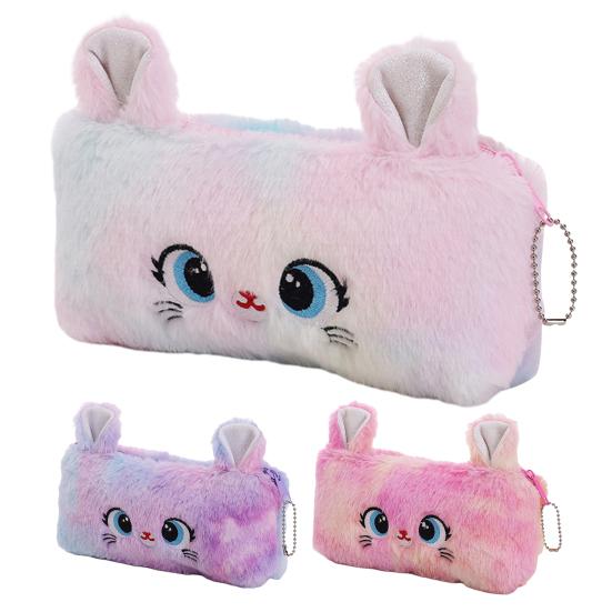 Stationery Box Flannel Pencil Case Zipper Closure Portable Cat Pattern Makeup Pouch Large Capacity