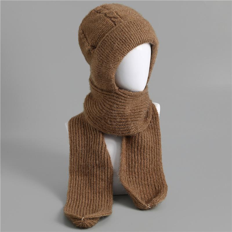 Hat and scarf integrated fleece thickened snow hat autumn and winter cycling wool woven women's thermal hat