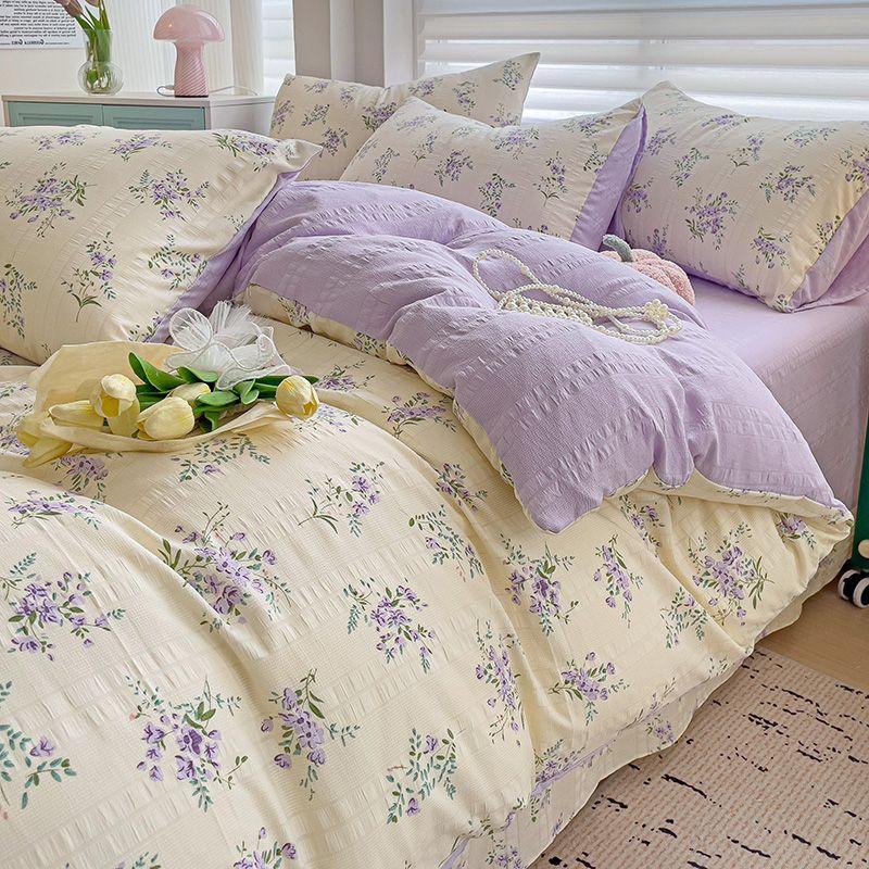Floral Print French Style Bedding Set Bubble Cotton Duvet Cover Set Washed Cotton Flat Sheet Set Queen For Girl Decor Home