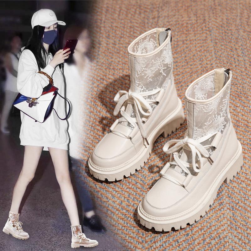 

Leather mesh Martin boots women s summer thin 2025 new fashion breathable cool boots British style platform short boots 40