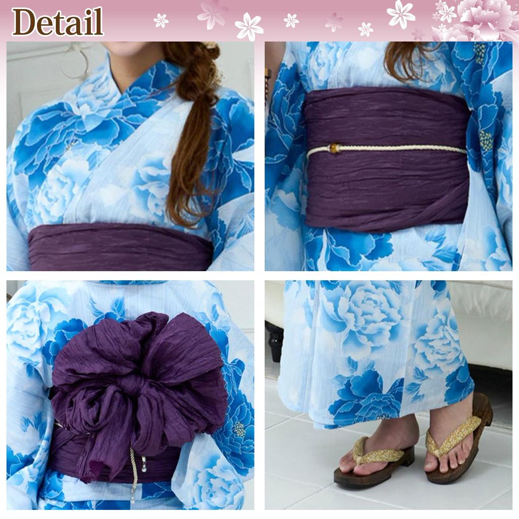 RAVIR Yukata Pale Blue Peony Fluffy Obi and Geta One Size Fits All Women's 3-Piece Set, Pattern, Belt, Sandals, Blue,