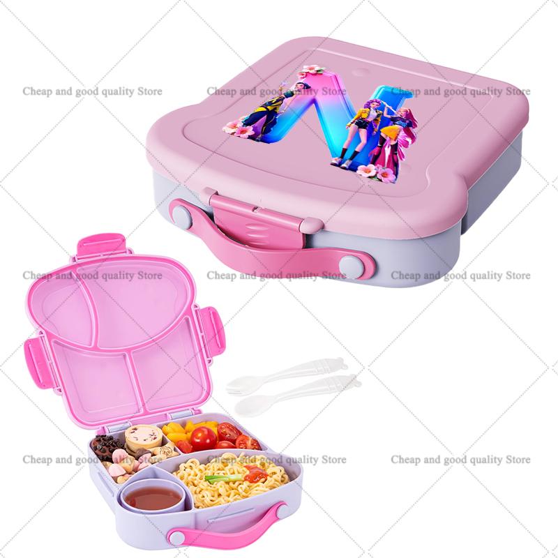 KPop Demon Hunters Lunch Box with Spoon Fork Sauce Case Girls Anime Letter School Picnic Bento Food Storage Containers Kids Gift