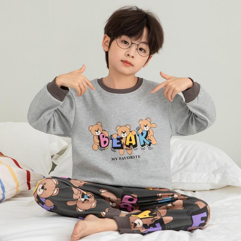 Boys Cotton Pajama Set Long Sleeve Cartoon Print Sleepwear Kids Teens Home Wear