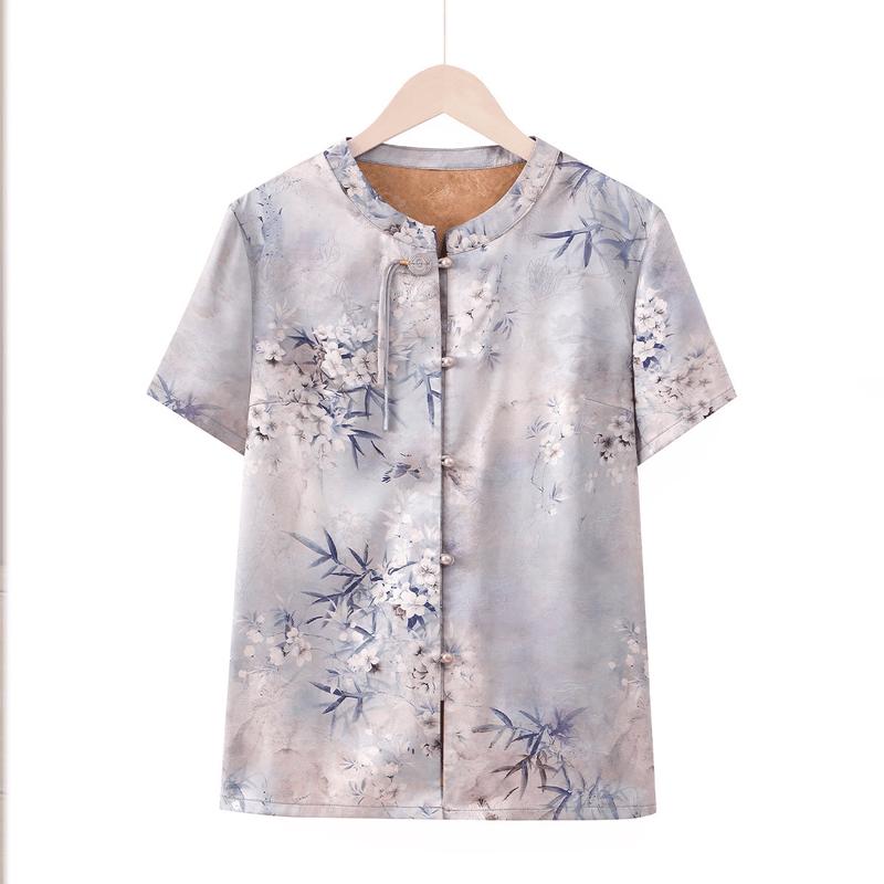 Yuzhaolin Mid-Aged Women s Floral Print Stand Collar Summer Top 4XL