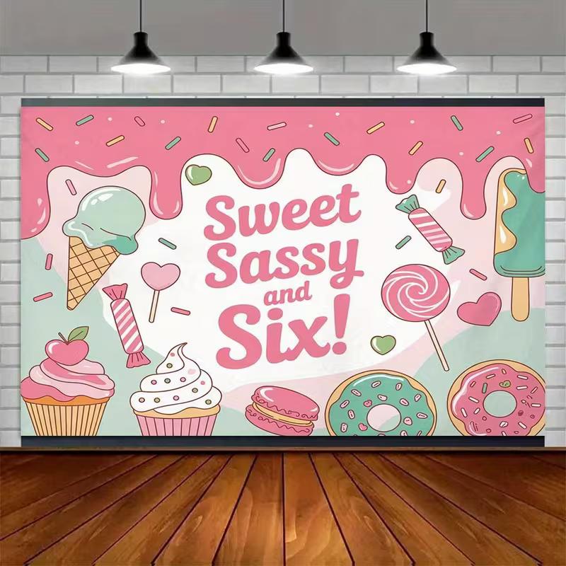 2D 6th Birthday Sweet Treat Background Cloth, Pink Ice Cream Party Backdrop