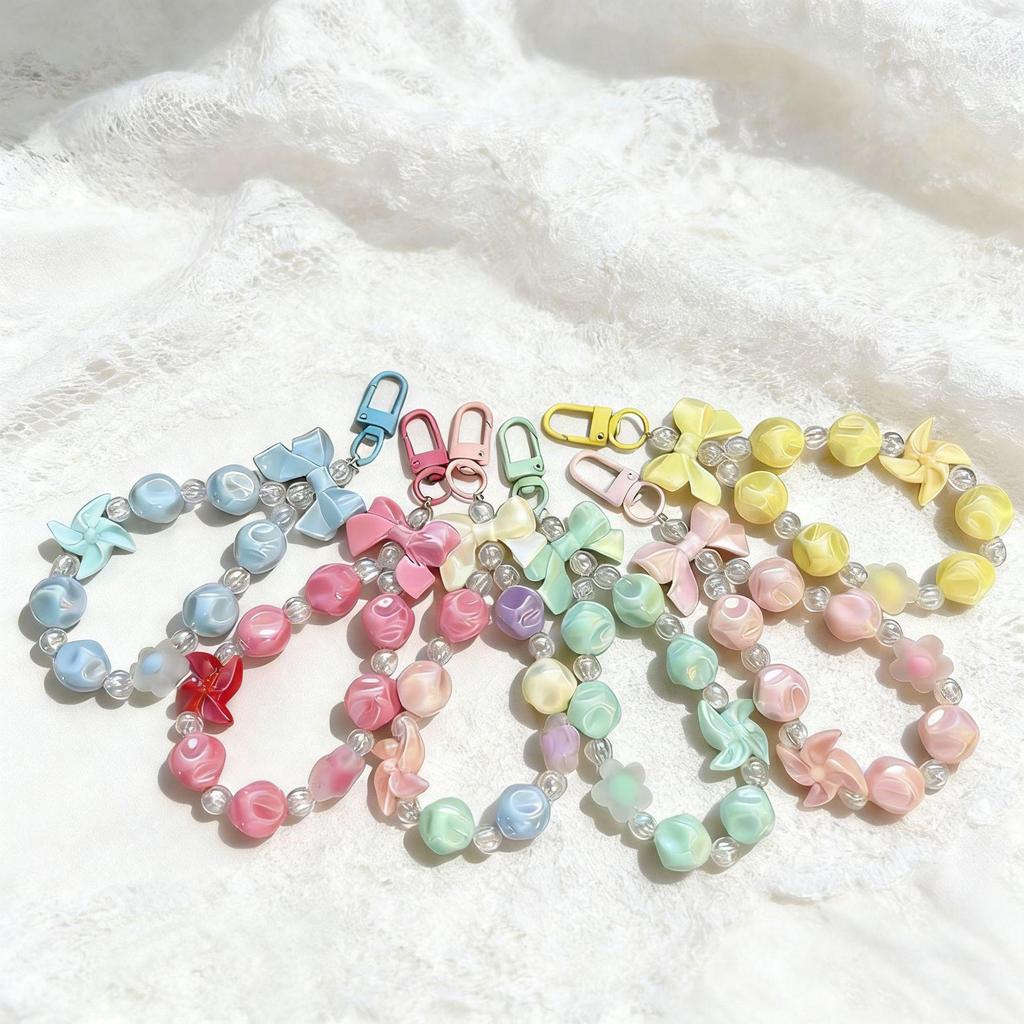 Dopamin Girly Blume Schleife Perlen Handykette & Lippenstift Halter Schlüsselanhänger