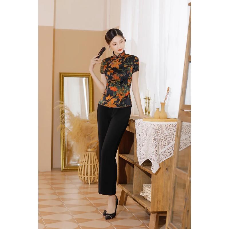 Blusa Elegante de Satén para Mujer Estampado de Flores Camisa Cheongsam Estilo Chino Tradicional Ropa Tang Disfraz de Verano Otoño