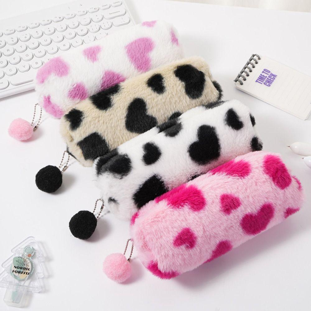 Cartoon Plush Pencil Case Polka Dot Love Print Pen Bag Portable Pencil Pouch Makeup Storage