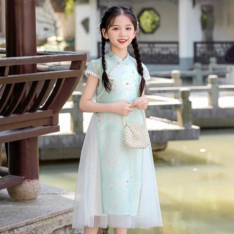 Girls' Cheongsam Dress 26 Summer New Style Chinese Style Dress New Chinese Mesh Splicing Cheongsam Dress
