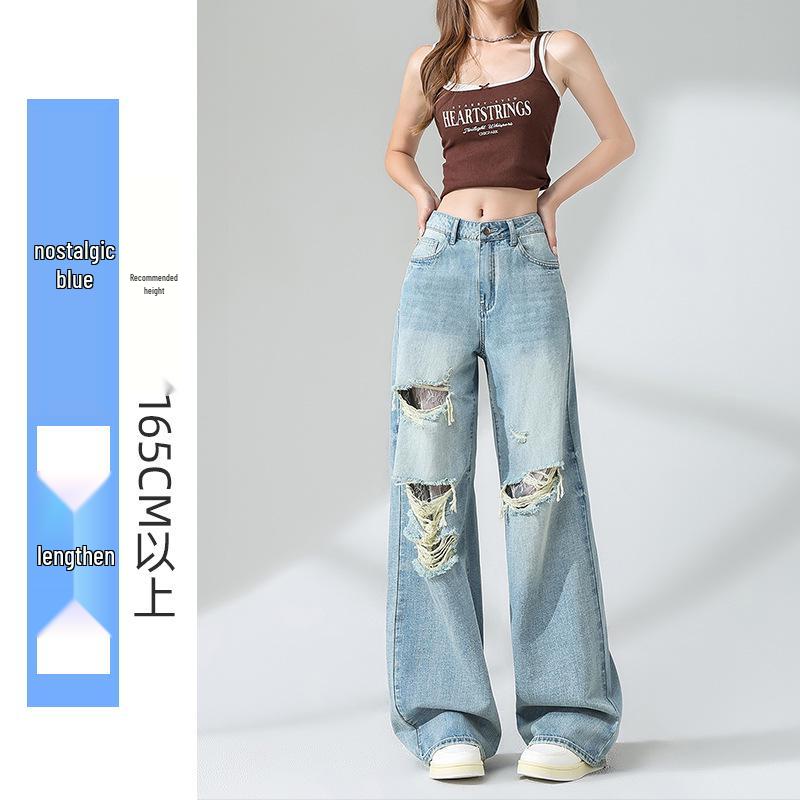 Women s High-Waisted Retro Blue Ripped Jeans – Summer 2026, Loose Fit, Slimming, Straight Leg, Floor-Length M