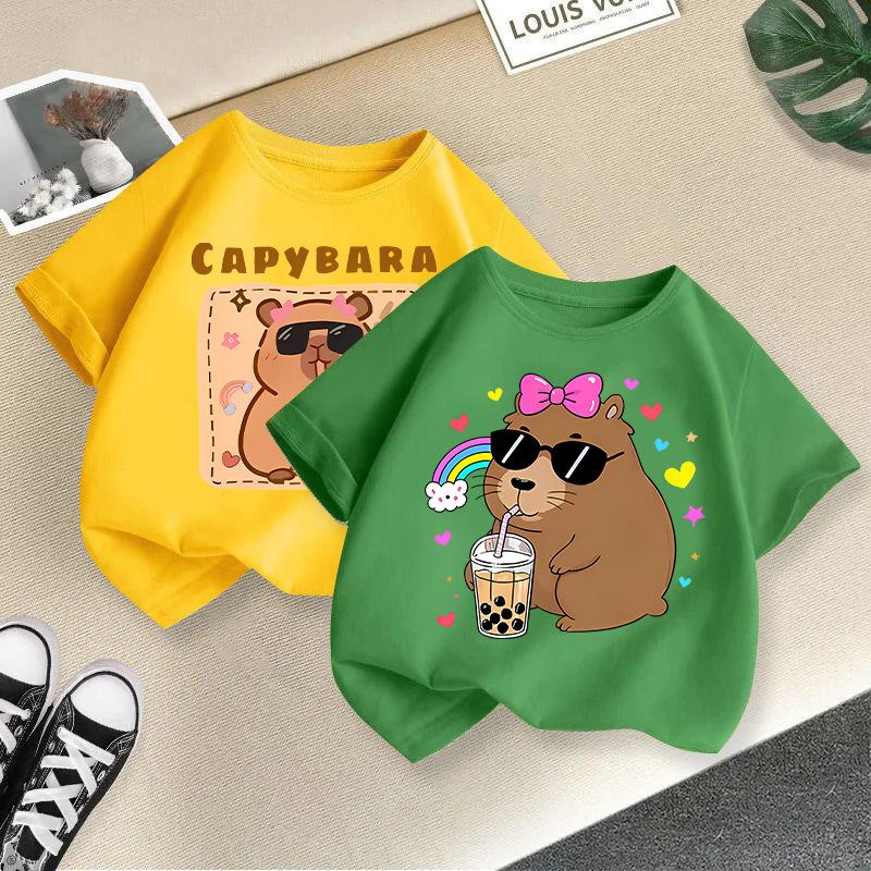 Kinder T-Shirt Capybara Aufdruck Kinder 100% Baumwolle Kleidung Oberteile 2-13J Locker geschnitten Lässig Rundhalsausschnitt Kurzarm T-Shirt