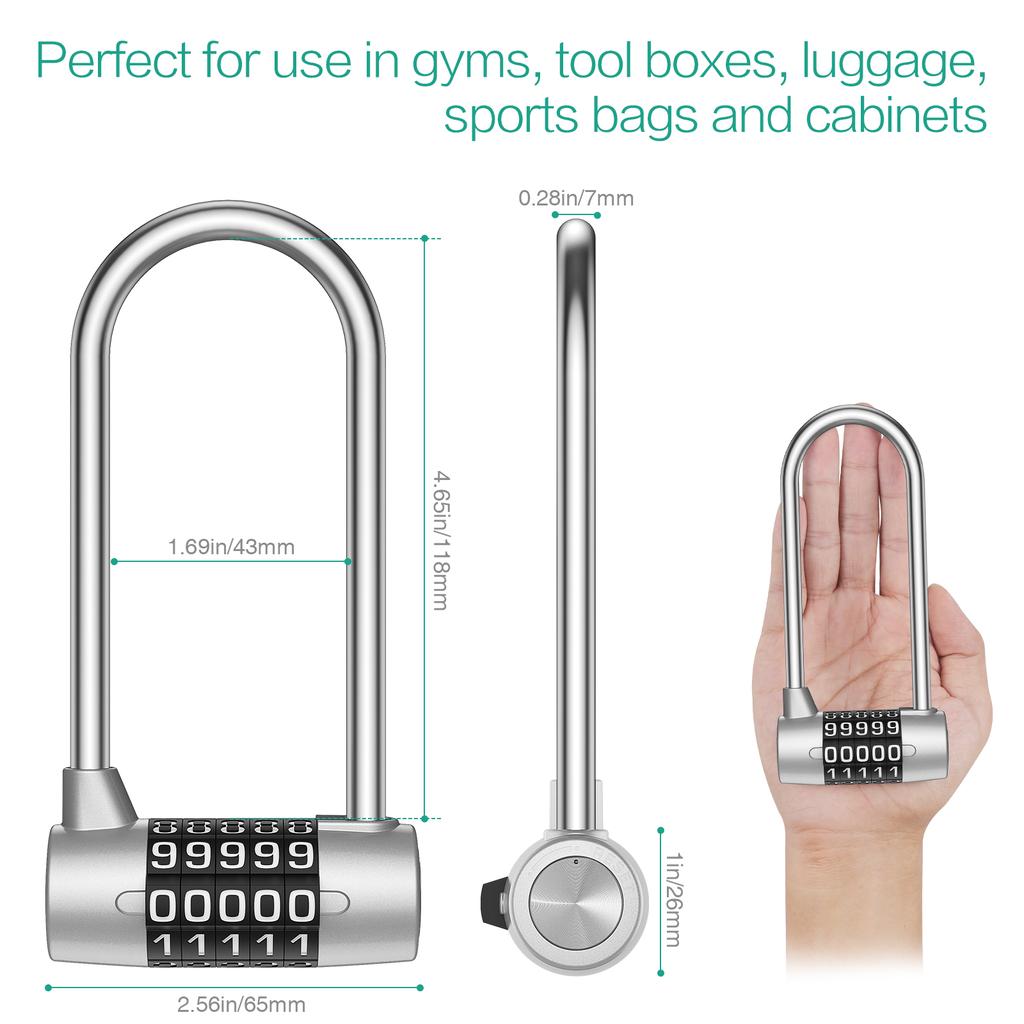 5 Digit Combination Padlock 4.65 Inch Long Shackle Resettable Padlock Lengthened Gym Lock Waterproof for School Gym Locker Fence