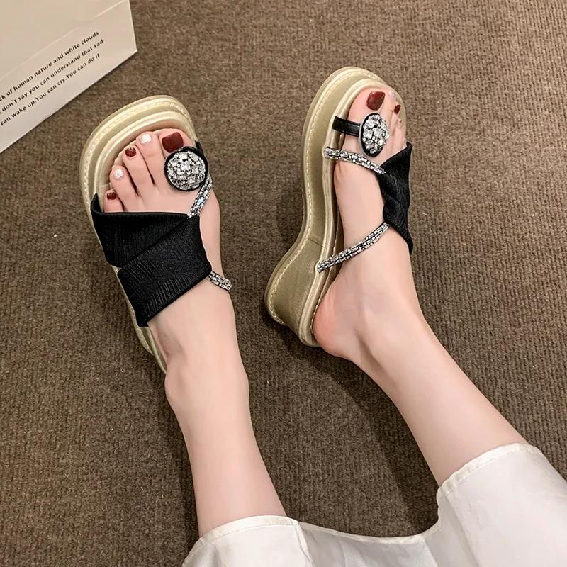 Women's Thick-soled Slippers Toe Clip Wedge Heel Rhinestones Flip Flops Daily Beautiful Fairy Wind Commute Zapatillas De Mujer