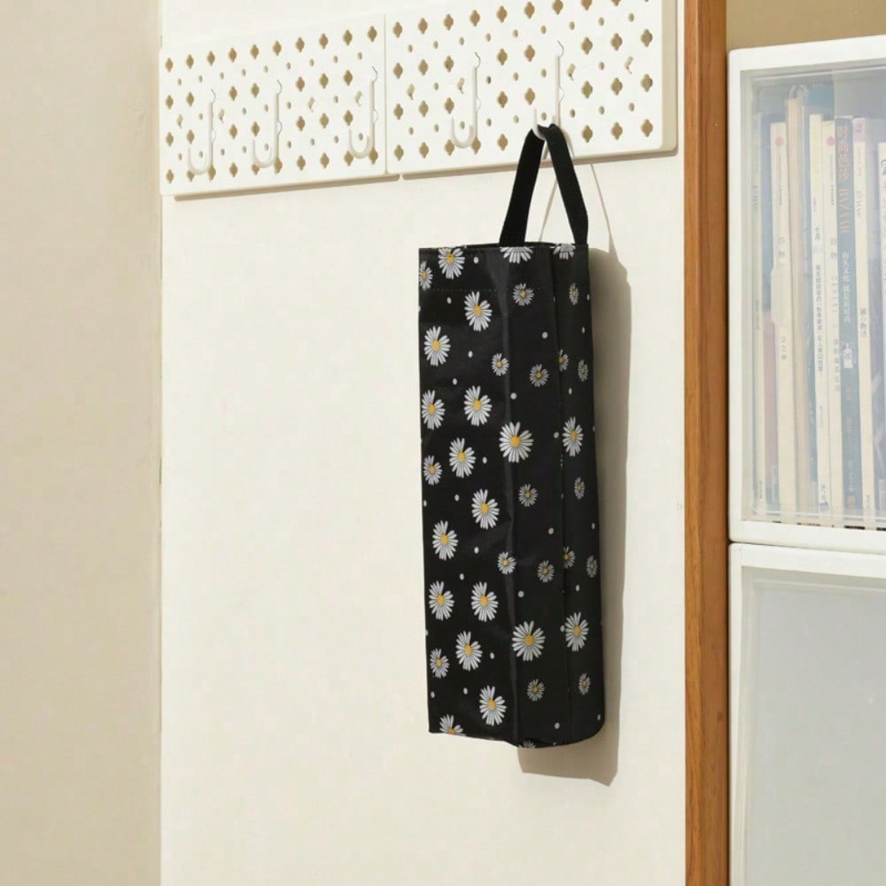 1pc Floral Polyester Plastic Bag Dispenser, Foldable Trash Bag Organizer With Hanging Design, Multi-Color Grocery Storage Container Black