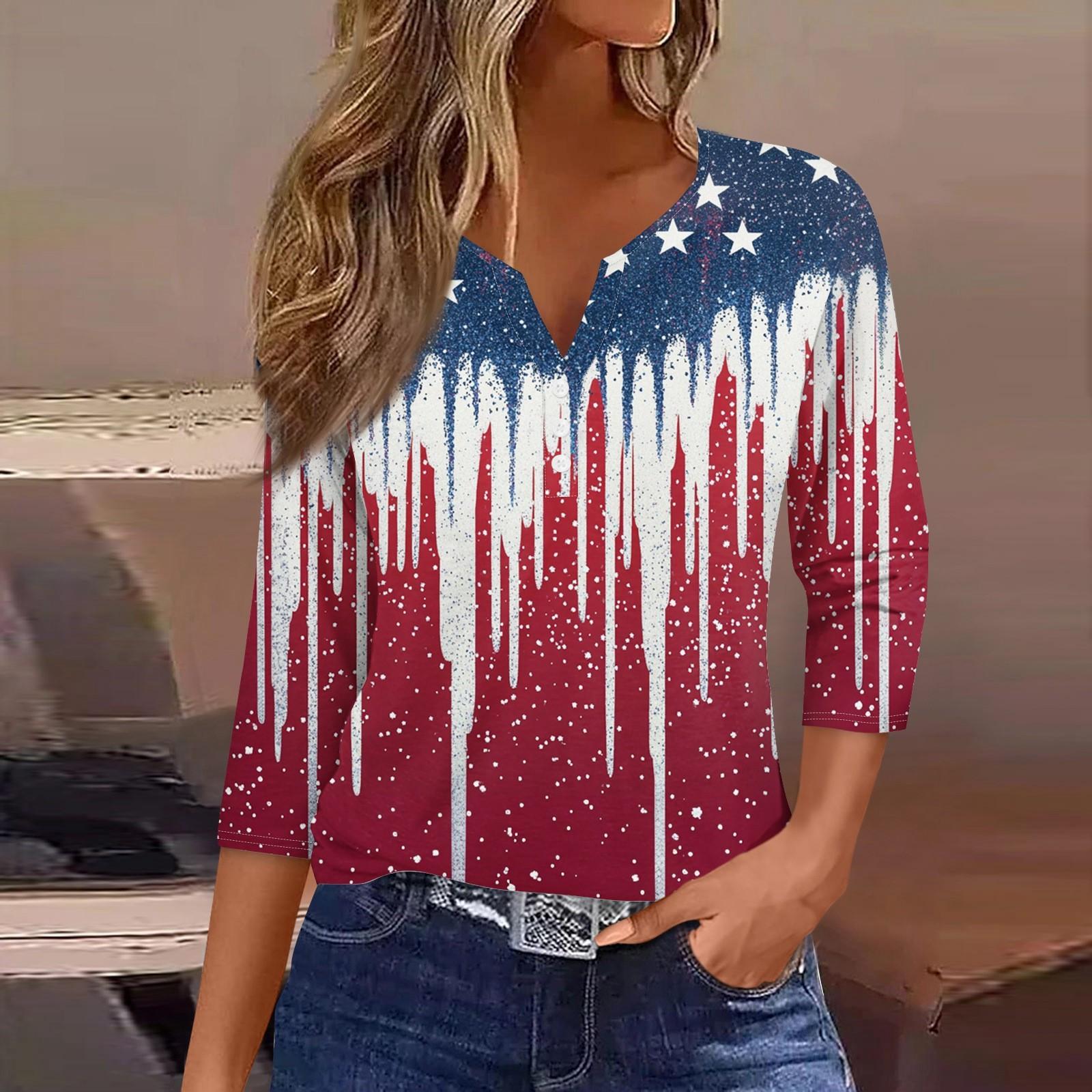 

Women s T Shirt Print Button 3/4 Sleeve Daily Weekend Fashion Basic V- Neck Regular Top M