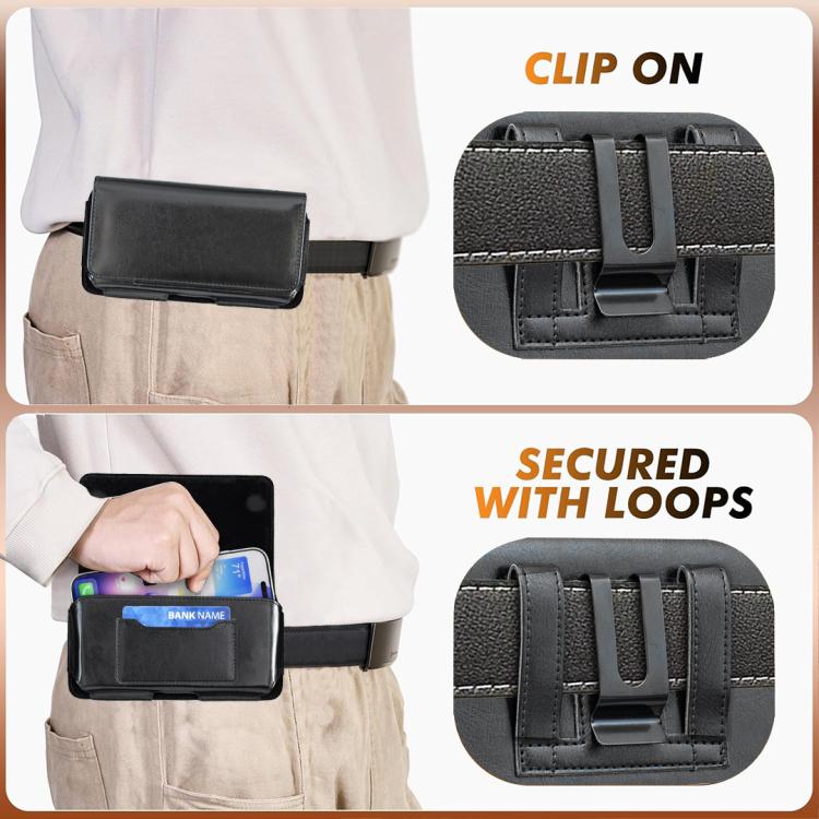 Black Horizontal Vegan Leather Phone Waist Bag For 6.3 Inch Mobile Phone Belt Pouch Portable Carry Holster Case