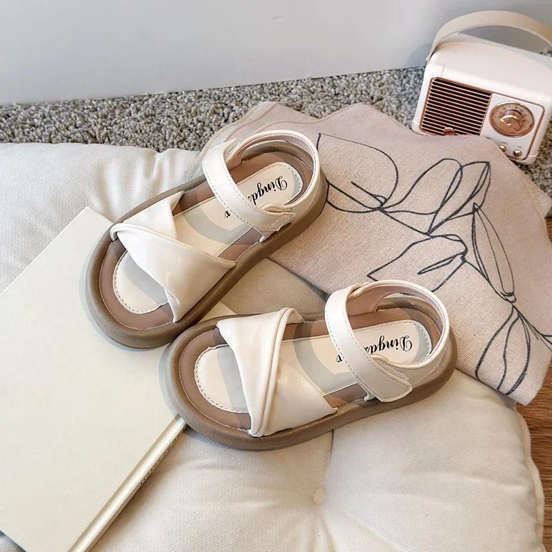 

Girls Sandals for Summer Vacation Kids Princess Shoes Soft Sole Non-slip 2025 New Fashion Children Beach Shoes Hook&loop Chic 23 бежевый
