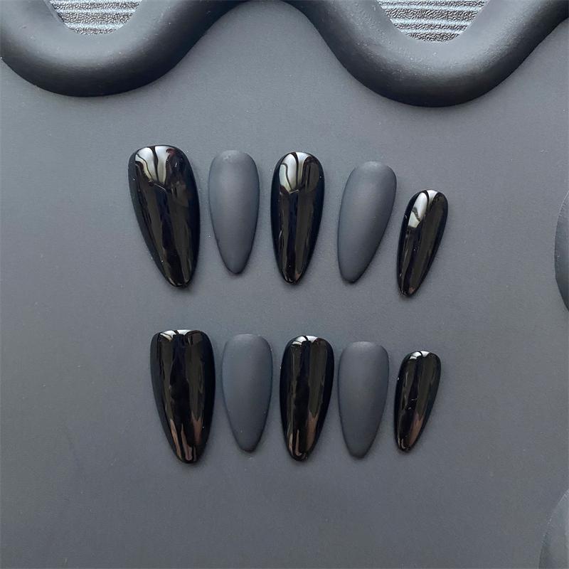 Handmade Almond Black Press on Nails Full Cover Acrylic Fake Nails Medium Matte Dark Manicure Nail Tips Wearable Reusable Woman
