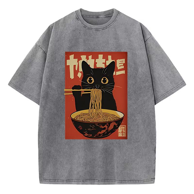 T Shirt Vintage Washed 100% Cotton T-Shirt Black Retro Cat Eating Ramen Graphic Tee Casual Streetwear for Spring Summer