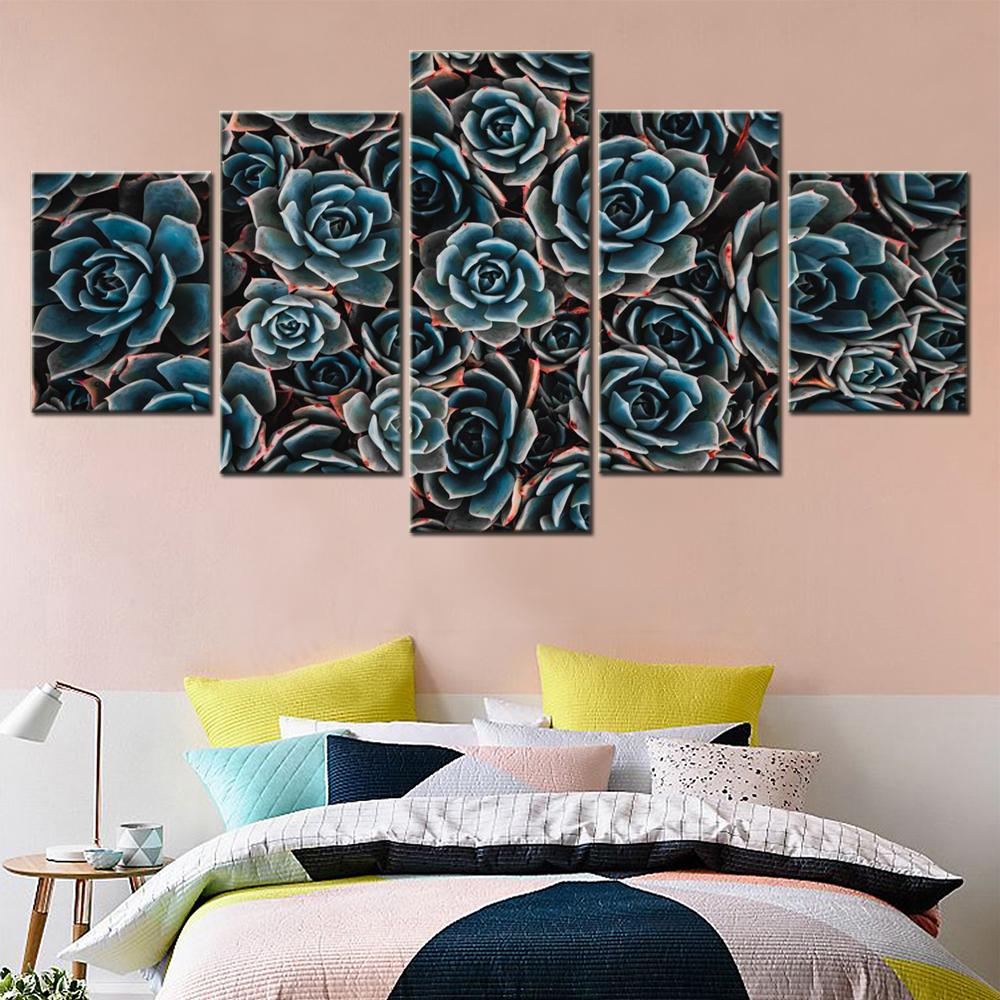 5 Pieces Canvas Painting Flowers Teal Echeveria Wallpaper Decorative Wall Pictures Home Decor Modern Living Room Mural Poster No Frame