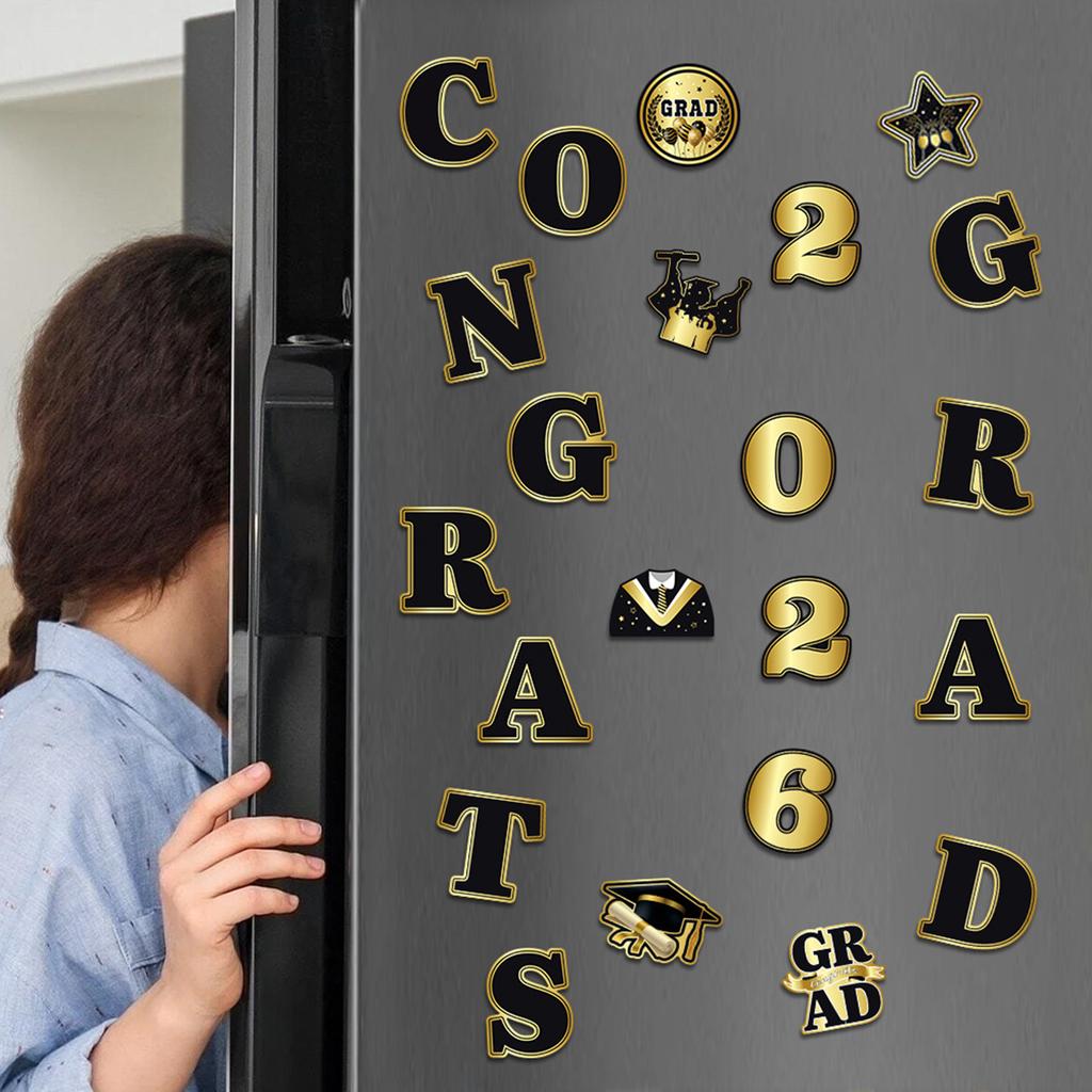 22Pcs Black-Gold Magnetic Fridge Stickers Graduation Party Decor for Classroom Refrigerator