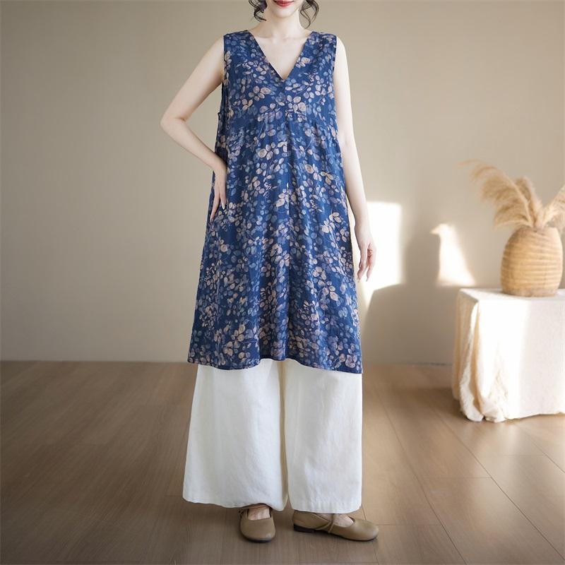 Sleeveless Plus Size Cotton Vintage Floral New In Dresses for Women Casual Loose Midi Summer Dress