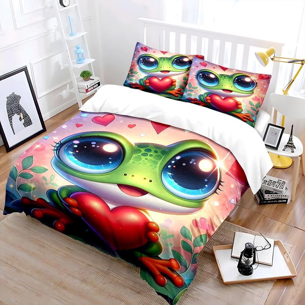Cute frog holding red heart Pattern Duvet Cover Set Digital Print Colorful Polyester Bedding with Zipper Closur for kids gifts