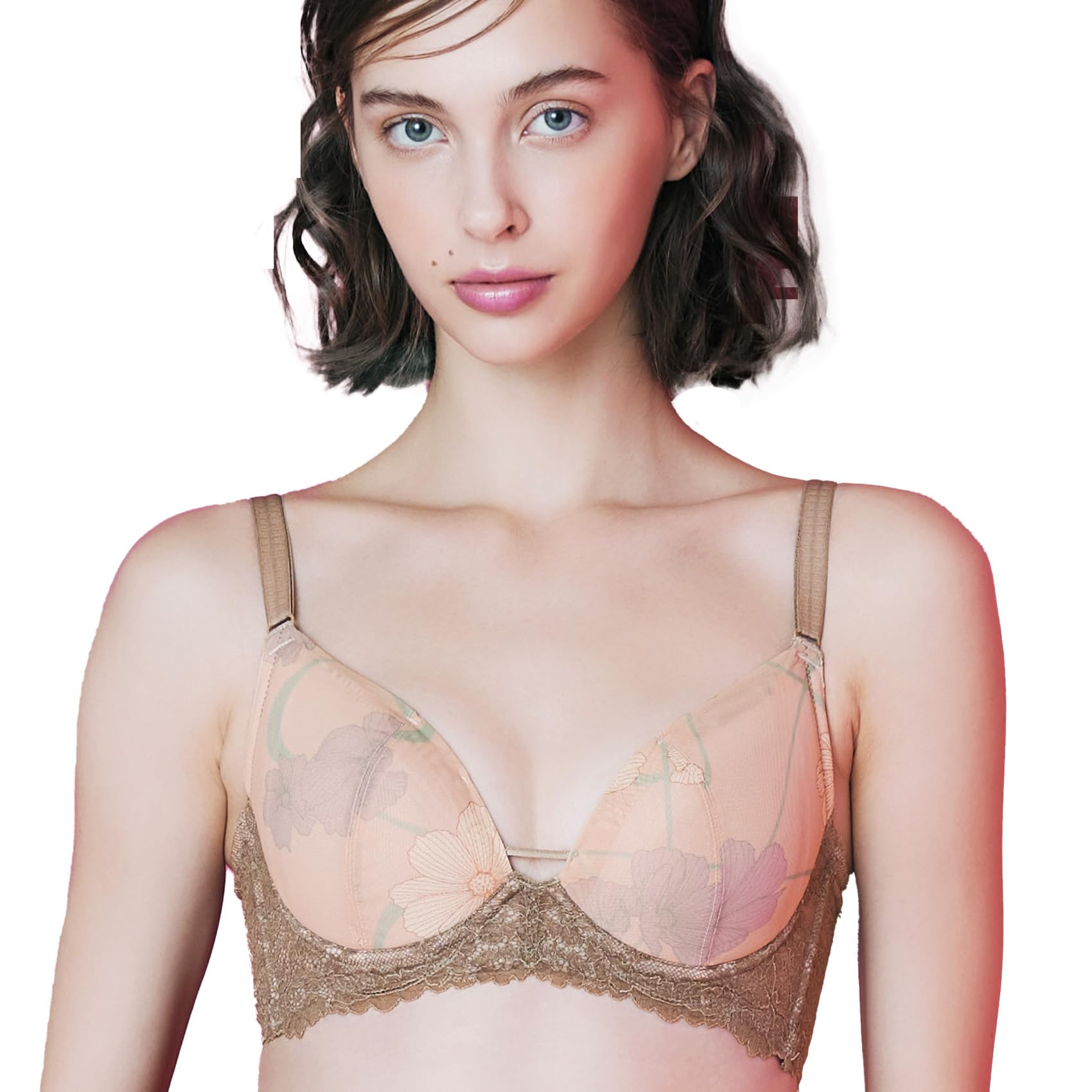 

Бюстгальтер HEAVEN Japan Розово-коричневый G85 Создает ложбинку Спереди по центру Низкий Беспроводной Бесшовное кружево для полной груди Декольте Подмышечный жир Поддержка груди