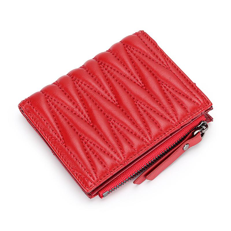 Sheepskin Women's Short Clip Wallet Folding Korean Trendy Embroidery Pleated Zipper Purse