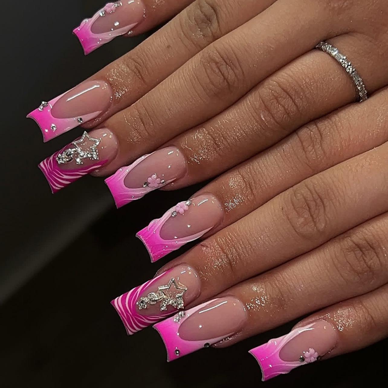 

3D Star French Floral Rhinestone Gradient Square Nails - Medium-Long Luxury Wearable Nail Tips Glue Model JP4234