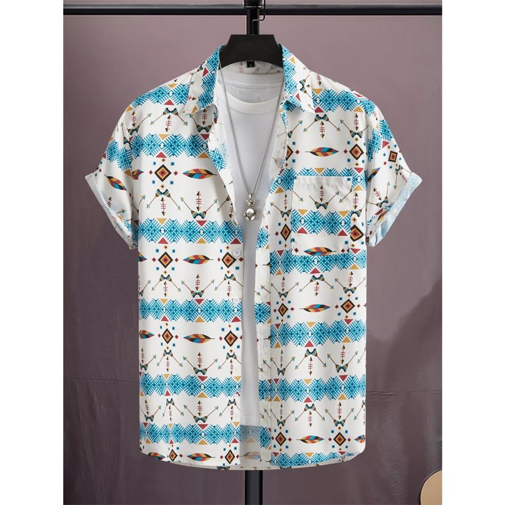 Spring And Summer Men's Beach Short Sleeve Shirt Loose Casual Lapel Button Down Shirt Fashion