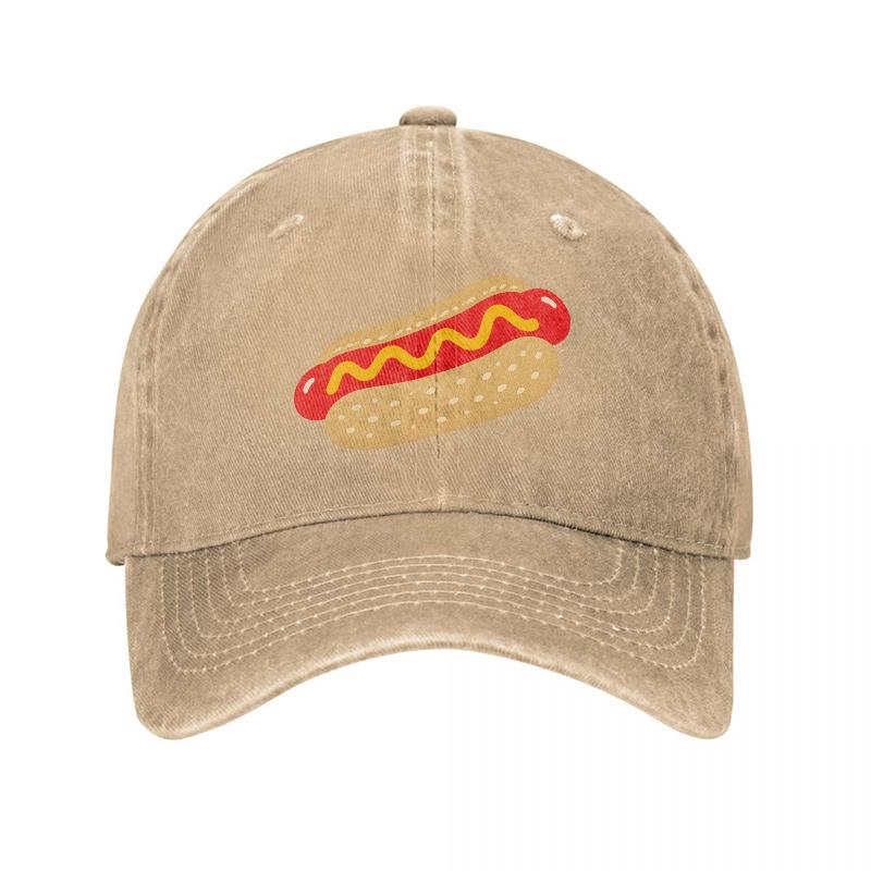 Hot Dog Pattern Vintage Washed Canvas Baseball Cap Unisex Adjustable Dad Hat Funny Food Design Casual Outdoor Summer Hat