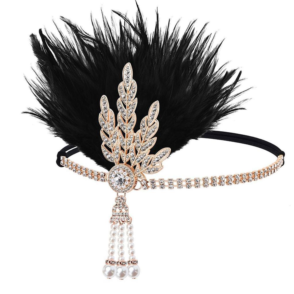 1920s Elegant Rhinestone Leaf Feathered Hairband For Wedding Party and Formal Event Comfortable Elastic Band Headwear