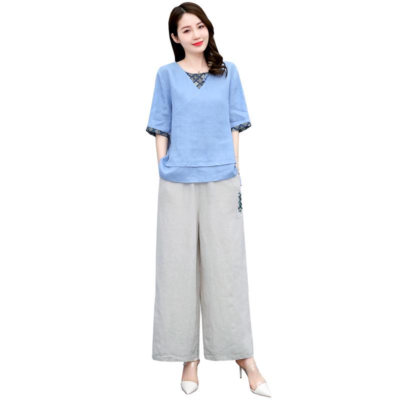 Summer 2025 Women's Retro Chinese Style Linen Top and Wide-Leg Pants Set