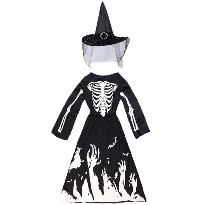 Glow in The Dark Skeleton Ghostly Witch Costume Witch Hat,Ghosty Skeleton Dress Cosplay Halloween Costume Kids Girls