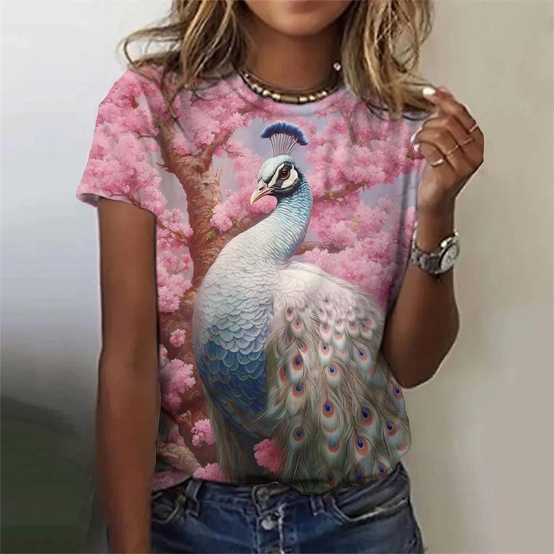 Fashion Women's T-shirt With Cute Peacock Graphic 3D Printed Short Sleeve Summer T-shirts Oversized Loose Women's Clothing