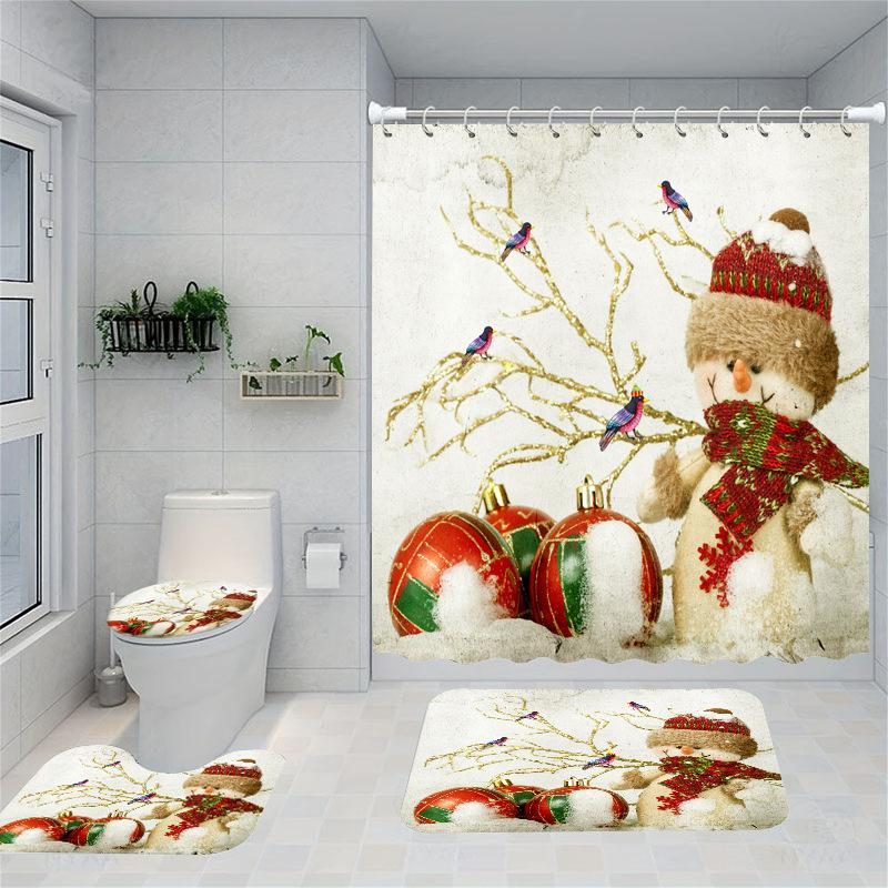 Christmas Series Shower Curtain Digital Printing Bathroom Shower Curtain Four-Piece Polyester Shower Curtain
